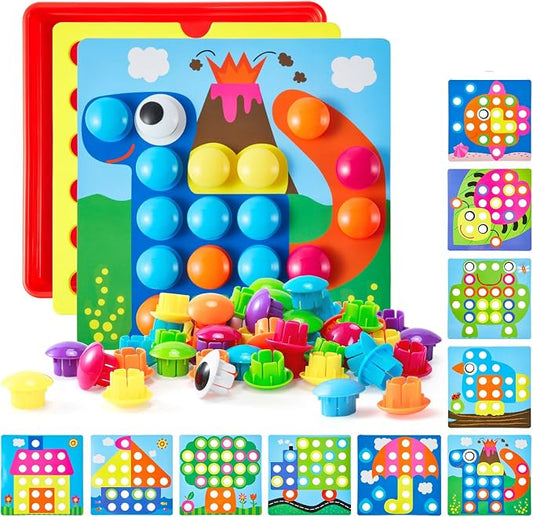 Geekper 68PCS Button Art Toys for Toddlers Color Matching Mosaic Pegboard | Early Learning Educational Toys for 3, 4, 5, 6 Year Old Kids Boys and Girls Easter Gifts, 10 Pictures and 58 Buttons