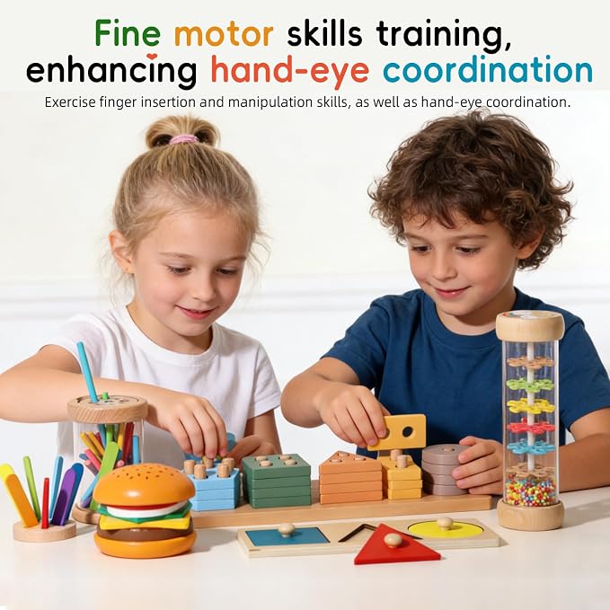 BESTAMTOY 5 in 1 Wooden Educational Learning Toy Set, Montessori Toys for 1 2 3 Year Old,Baby Rain Stick Sensory Fine Motor Skills Toys, Shape Sorter Stacking Puzzle Gifts for Toddlers Boys Girls