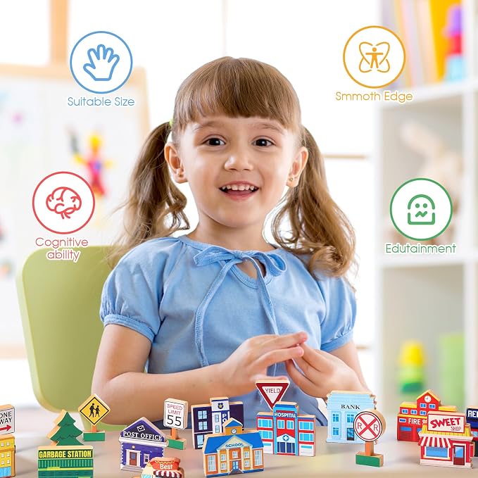Blosssound 35 Pcs Wooden Town Building Play Toys for Kids City Street Traffic Signs Multicultural Community Block Train Track Accessories Preschool Classroom Educational Supplies Birthday Gifts