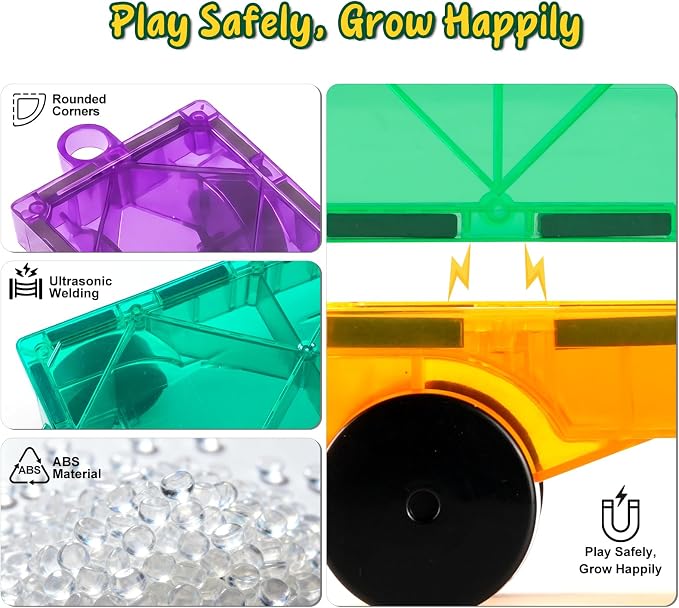 Bmag 4 PCS Magnetic Tiles Car Base Accessories, Compatible with Most Standard Magnetic Building Tiles, Sealed Magnet Car Bases, STEM Building Expansion Kit for Kids Aged 3+