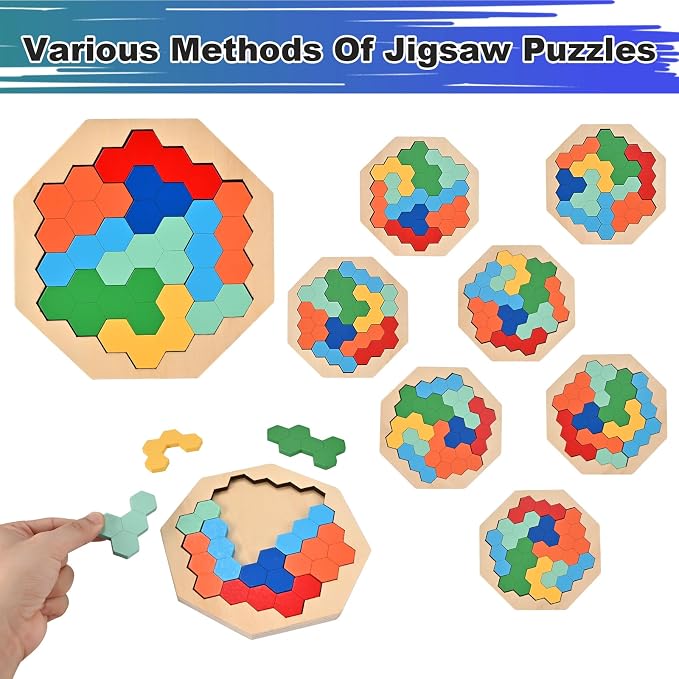 3 PCS Wooden Block Puzzle, Brain Teaser Puzzles for Kids & Adults | Wooden Puzzle Toys with 3-in-1 Russian Blocks Puzzle, Octagon Puzzle, Tangram Puzzles, Montessori STEM Educational Gift Toys