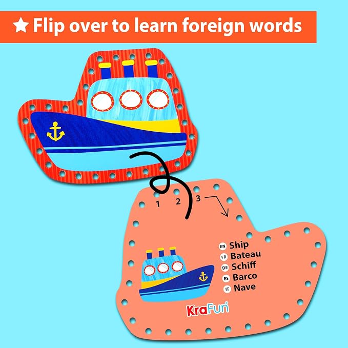 KRAFUN Transport Vehicle Lacing Cards Age 3+ | 5 Projects | 5 vehicle cards: Car, Rocket, Train, Plane & Ship. Builds fine motor skills for toddlers. Beginner activity ages 3+