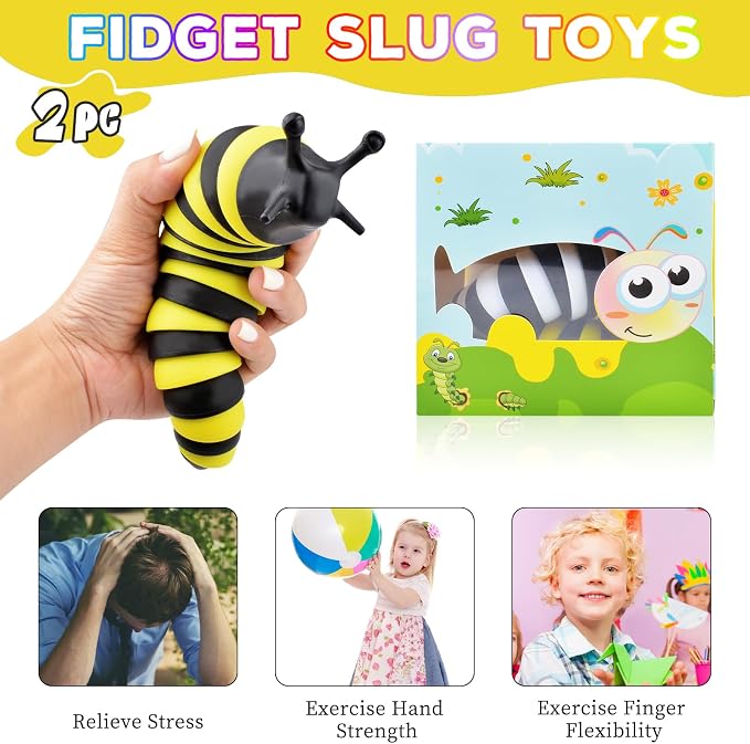 Cevioce Fidget Slug Toy, Sensory Slug Fidget Toy for Kids & Adults, 2 PCS Cute 3D Articulated Sensory Toys - Can Be Spliced, Safe｜Exercise Wrist Strength & Stress Relief, Great Gift for ADHD Autism B