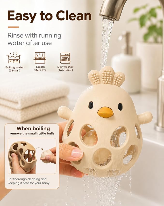 Tinabless 2-in-1 Baby Teether Rattle Toy, Easy Grip Silicone Teething Toy for Babies 3-12 Months, BPA-Free Sensory Chew Toy for Sore Gums, Infant Shower Gift (Beige w/Rattle)