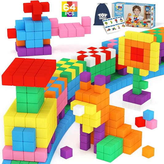 TOY Life Primary Magnetic Blocks, 64-Piece STEM Set, Ages 3-8 | bright ABS cubes, storage bag and idea guide, strong connections, creative play