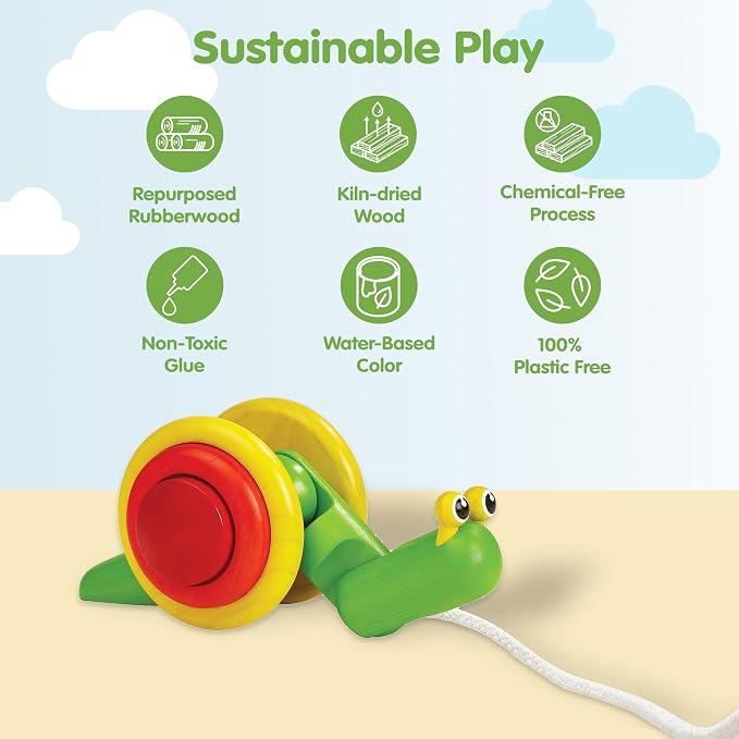 PlanToys® Snail Pull Toy for Toddlers Eco-Friendly Wooden Walking Kids Set | rolling shell, toddler pull toys, animal design, girls, boys, montessori fine motor coordination learning gift for kids