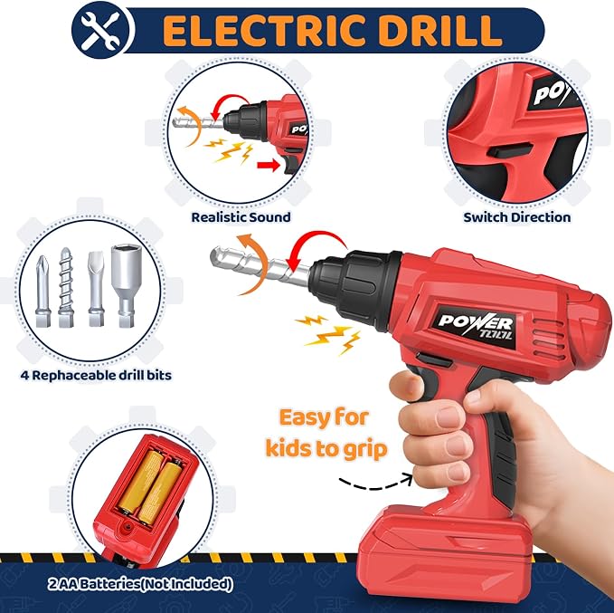 Kids Tool Bench with Electric Drill, Toddler Tool Set for Boys Ages 3-5 6-8 | 132 Pcs Kids Tool Set with Toddler Tool Box & Tool Bench, Christmas Birthday Gifts Toys for Boys Ages 3 4 5 6 7 8+ (Orange)