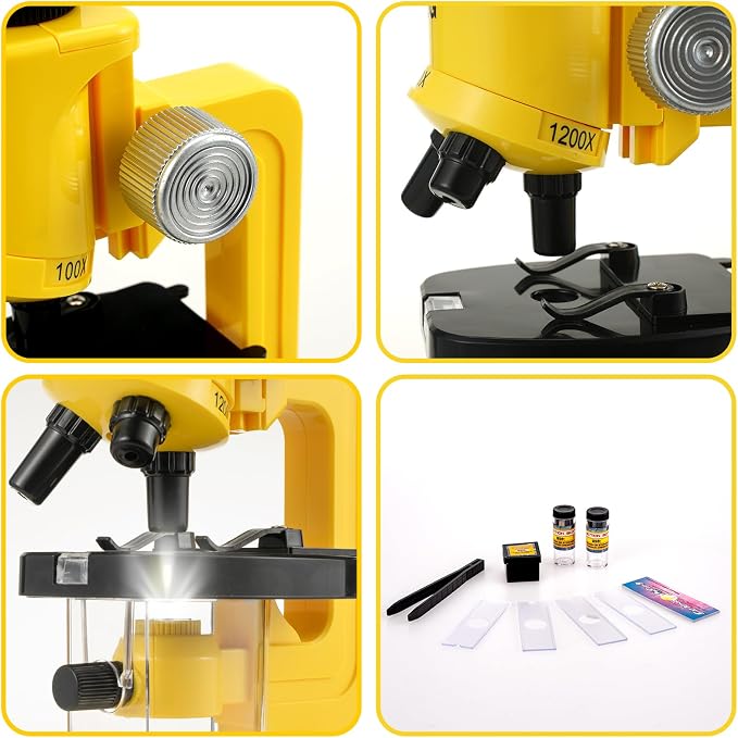 Little World Kids Microscope with LED Light - 100X/400X/1200X Magnification | Beginner science kit, monocular view, educational STEM gift for ages 5-12, Yellow