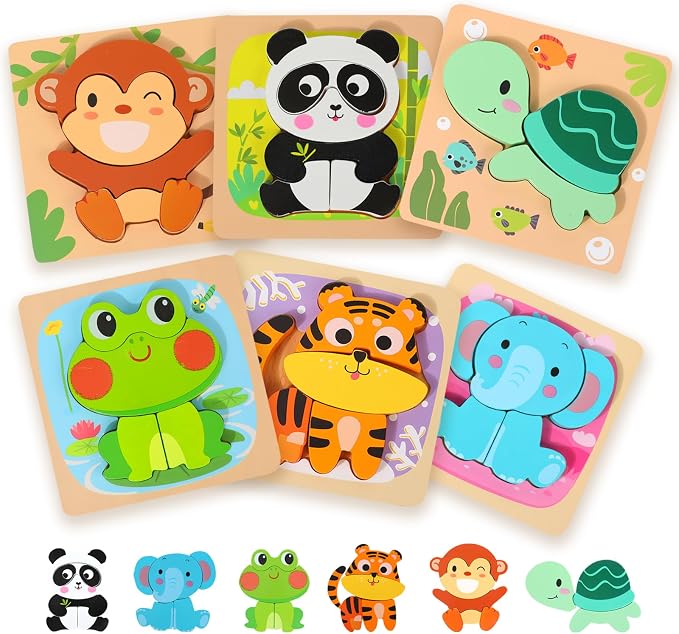 Wooden Puzzles for 2-4, 6 Pack Animal Shape Puzzle Montessori Toys for 2 3 4 Year Old, Educational Learning Toys for Girls Boys
