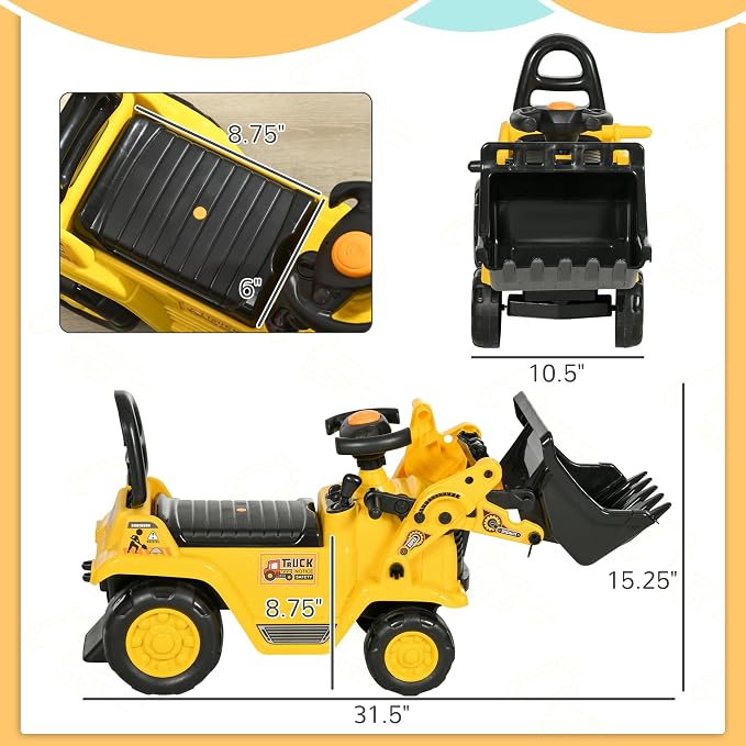 HOMCOM Ride On Excavator Ride On Bulldozer with Horn, Under Seat Storage | Kids Bulldozer Pull Cart, Sit and Scoot, Pretend Play Toy Construction Car, Ages 18-48 Months
