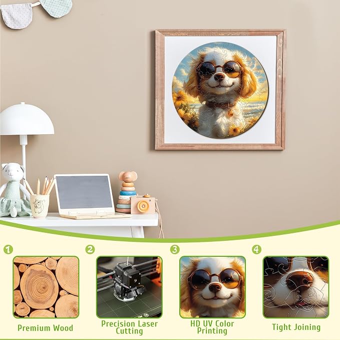 Animal Wooden Puzzles for Kids - Sunny Puppy | 50 Piece Puzzles for Kids Ages 6-8, Kids Puzzles with Unique Animal Shapes, Round Gift for Girls and Boys (11.4 * 11.4 in)
