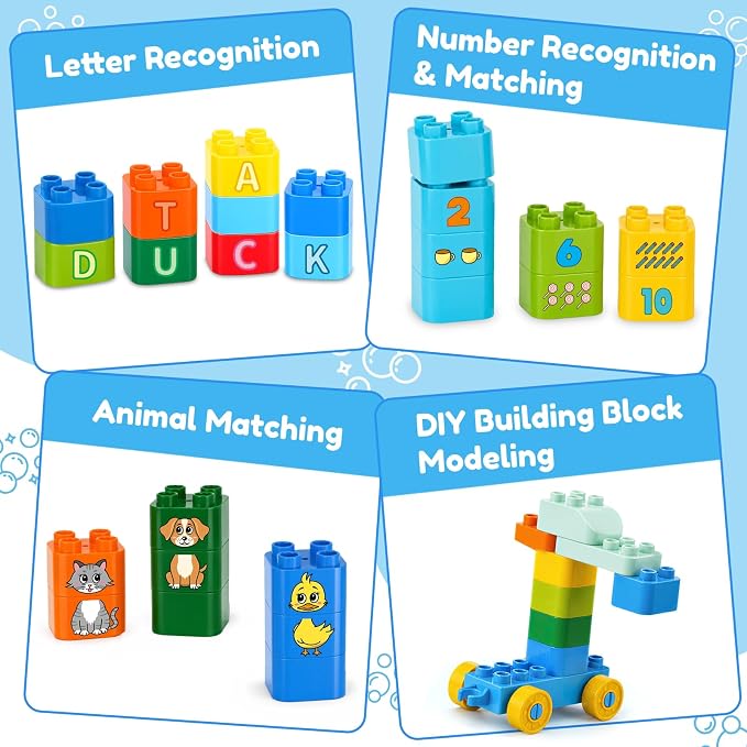 MOONTOY 49PCS Large Building Blocks for Toddlers 3-5, Alphabet Blocks Truck | Learn ABC & Numbers, Counting, Animal Matching, Educational Toys with Storage Bag, Preschool Birthday Gift for Kids 3+ Years