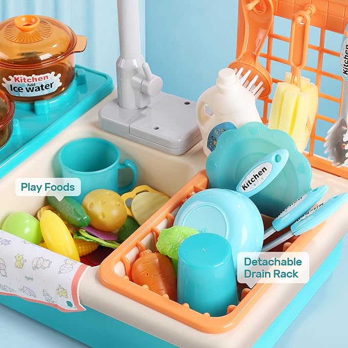 CUTE STONE Play Kitchen Sink Toys with Upgraded Real Faucet | Play Sink with Cooking Stove, Cookware Pot and Pan, Play Food, Color Changing Dishes Accessories for Boys Girls Toddlers