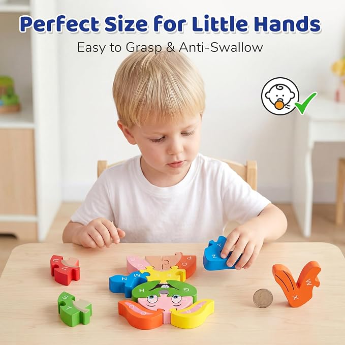 LovesTown Wooden Puzzles for Kids, Double Sided Rabbit Jigsaw with Alphabet & Numbers, Montessori Educational Toy for Toddlers, Chunky Animal Gift (Pack of 2)