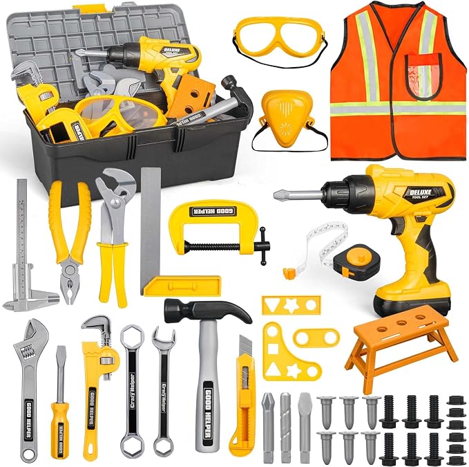 Zealous 48pcs Kids Tool Set with Tool Box & Electronic Toy Drill, Pretend Play Construction Kits for Kids Ages 3-5 Years Old, Toddler Boy Toys