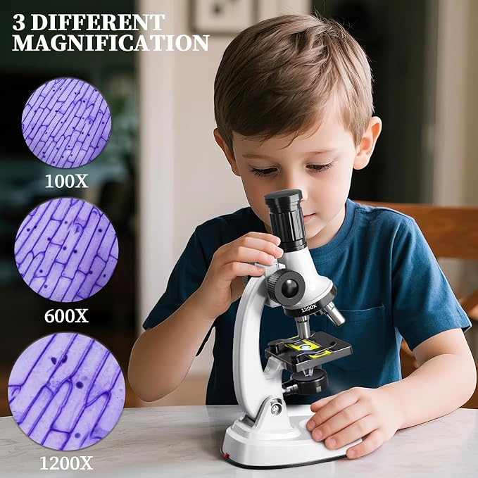 65Pcs Microscope Kit Toys 100X-1200X Magnification for Kids 3-13 | Microscope with 100X-1200X magnification, 7 colors light and 12 prepared slides, Christmas gift for kids science experiments