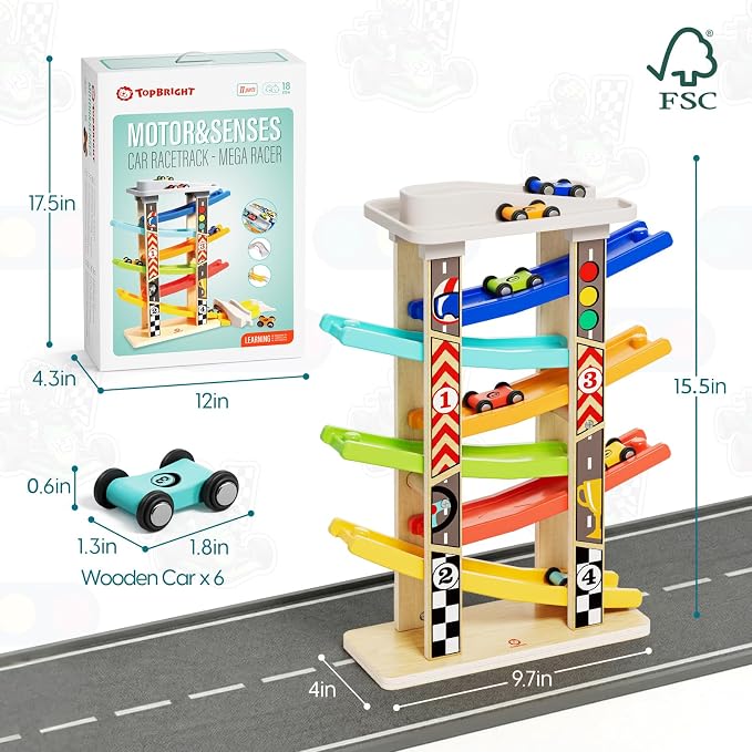 TOP BRIGHT Wooden Car Ramp with 6 Cars, Montessori Toy for Ages 1-3 | 6-Lane Ramp With Garage & Bridges, Includes 6 Mini Cars for Racing, Montessori Toy for Boys & Girls