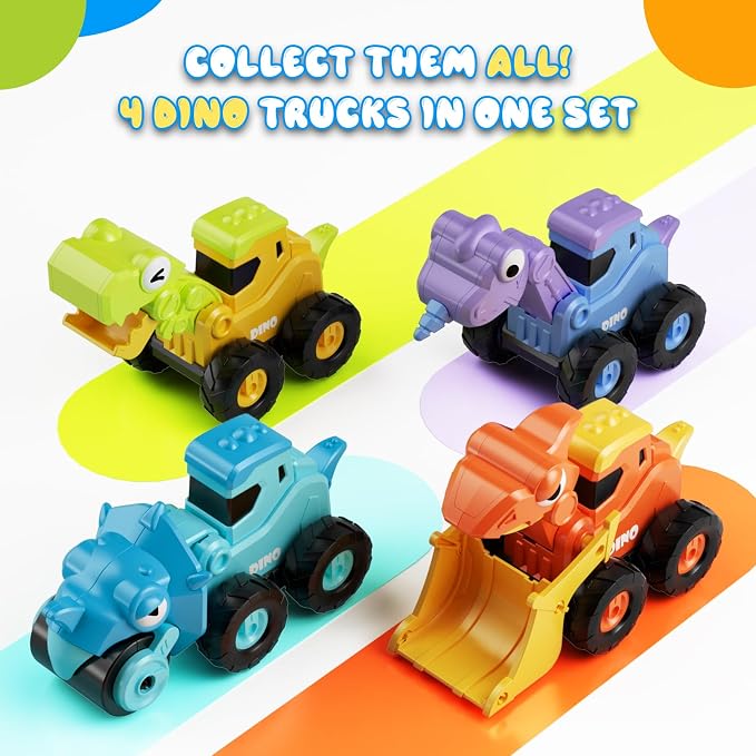 Dinosaur Construction Truck Toys for Toddler Boy Kid | Press and Go Dino Toy Truck,Sandbox Beach Toys,Chrstmas Birthday Gifts for 2 3 4 5 Year Old Boys Girls