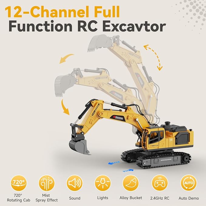 Remote Control Excavator Toy for Boys, 2.4GHz RC Excavator Toys with Metal Bucket, 12-Channel Construction Vehicle with Mist/Lights/Sound, 2x1200mAh Batteries, STEM Birthday Gift for Kids 3-12