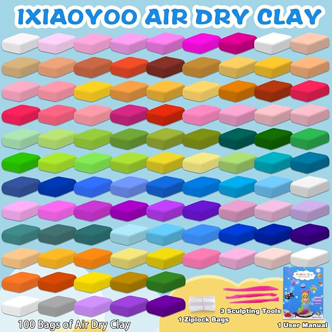 Ixiaoyoo Air Dry Clay, 100 Colors Foam Modeling Clay for School Projects | Safe & Non-Toxic, Soft, Non-Sticky, DIY Model Crafts Kids Toys for Home Party Favors, Birthday Gifts for Aged 3–12 Boys Girls