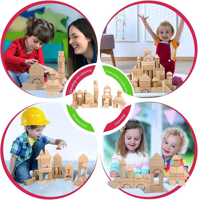 Migargle Kids Wooden Blocks - 80 Pcs - Stacking Building Blocks for Toddlers - Natural Beech Wood Blocks - Preschool Learning Toys for Kids Ages 3+