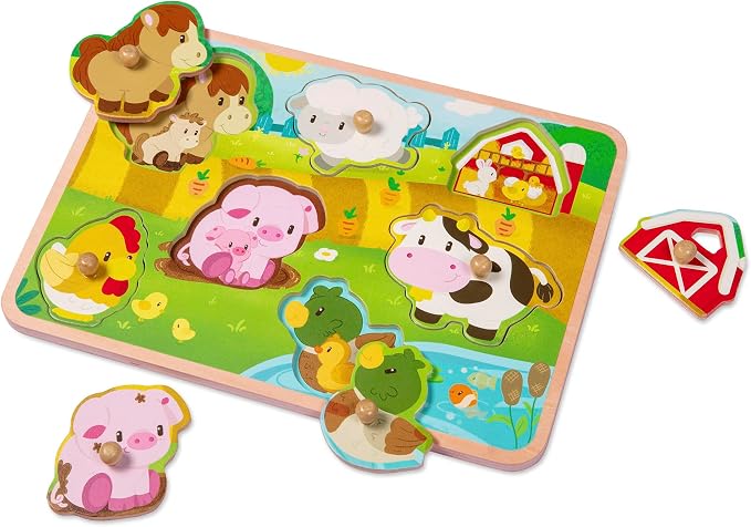 Battat Farm Animals Wooden Peg Puzzle, Farmland Toddler Toy, Wood Toys | 7 wooden pieces with easy-grip pegs and baby animal scenes under pieces for lift-and-match farm play, Wood Toys, 18+ Months