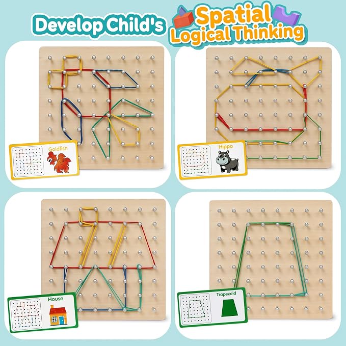 Wooden Geoboard, Montessori STEM Toy with Pattern Cards for Kids Ages 3+ | Pattern Cards & Rubber Bands, Geometric Shape Learning, Classroom STEM Tool, Brain Teaser Gift