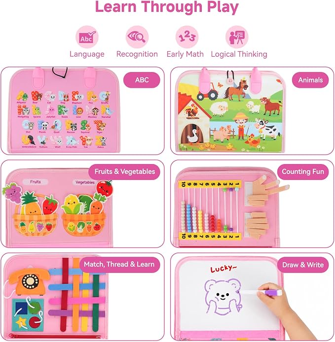 Montessori Busy Book for Toddlers 1-3 Years, Gift for 2 Year Old Girls | Screen-Free Toddler Activity Book with Magnetic Fishing, Peek & Hatch Play, Drawing, Matching, Counting & Life Skills