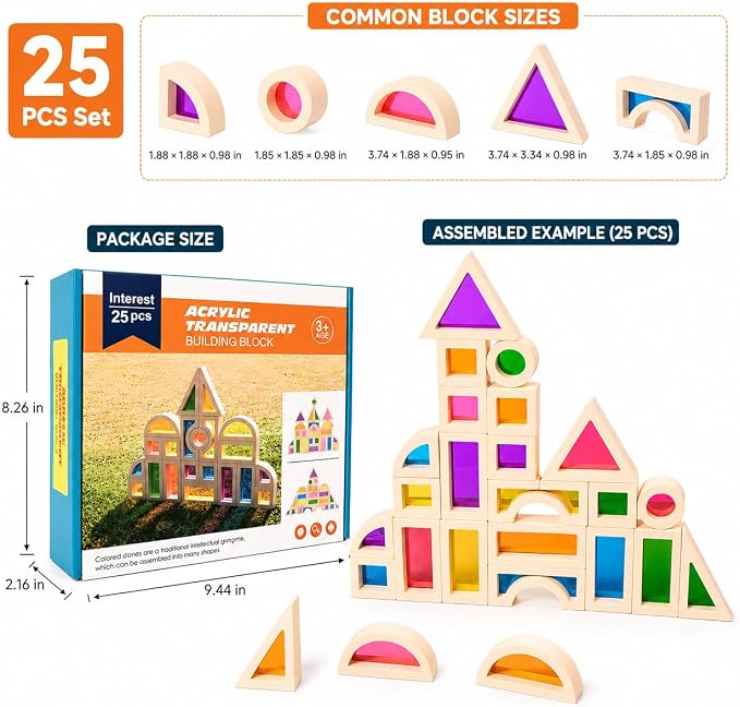 Rainbow Acrylic Blocks, 25 PCS Translucent Light Table Building Set | Montessori Sensory Toys Translucent Colorful Stacking Blocks STEM Learning Educational Toys for Toddlers Preschool Boys Girls