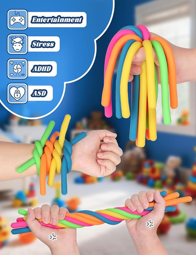 10 Pack Sensory Autism Toys for Kids – Gift Box Upgraded Extra-Thick Stretchy Sensory Strings for School Classroom Rewards Back to School Birthday Party Favors (Smooth)