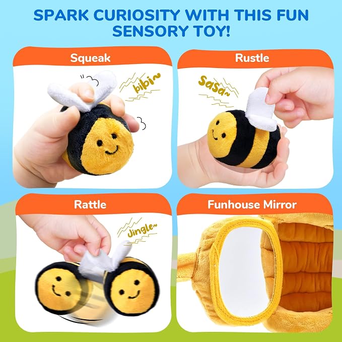JoyCat Baby Toys 6-12 Months, Beehive Toy with 5 Sensory Bees, Baby Gift | Soft beehive with 5 bees for rattle, crinkle, mirror play and little-hand fill-and-dump fun
