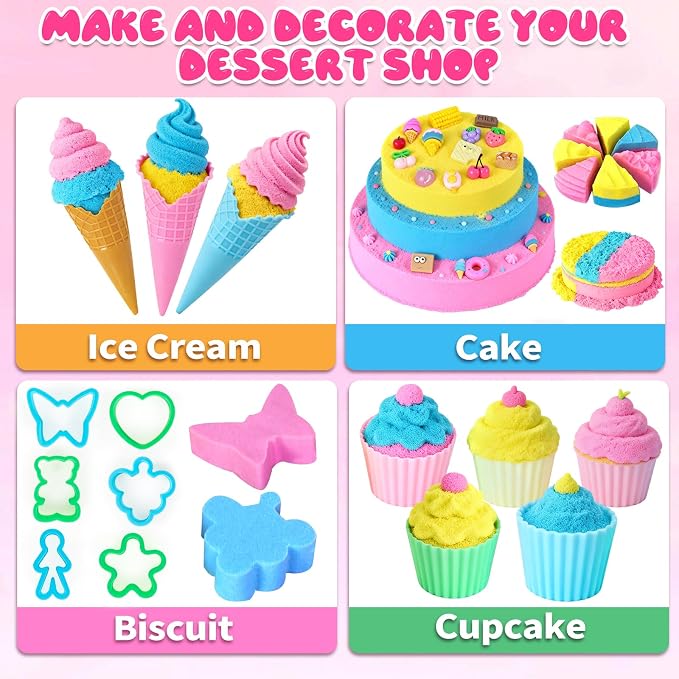 YongnKids Sensory Bin Cake & Ice Cream Sandbox for Kids Girls 3+ | Sand Art Kit w/Lid Sensory Toys include Cake Molds,Play Sand Tools, Ice Cream Toy Shop,Great Fun Gift for Girls Boys
