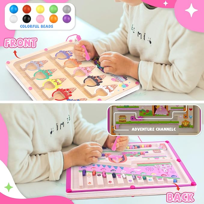 wakeInsa 2 in 1 Magnetic Color and Number Maze,Montessori Toy for Toddler Girls,Wooden Magnet Balls Puzzles,Toddler Busy Board Game,Preschool Learning Activities (Princess & Ice Cream)