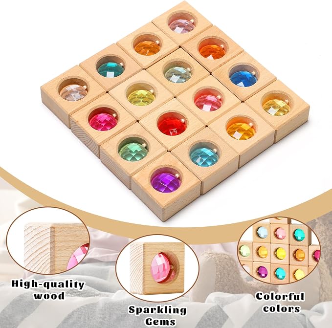 16 Pcs Acrylic Wooden Gem Blocks Sparkling Translucent Cubes Stacking Toys Wooden Cubes Blocks with Colorful Acrylic Open Ended Play Montessori Educational Toys (Round)