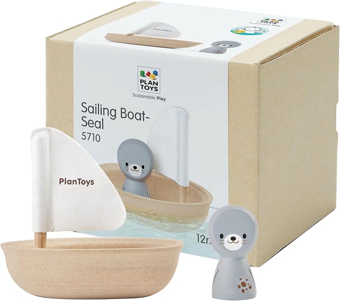 PlanToys® Wooden Sailing Boat Toy with Seal, Kids Bath Time Water Play Toy | wooden sailing boat with seal, bath time water play, floating imaginative toy, gentle sensory exploration, kids toddlers play