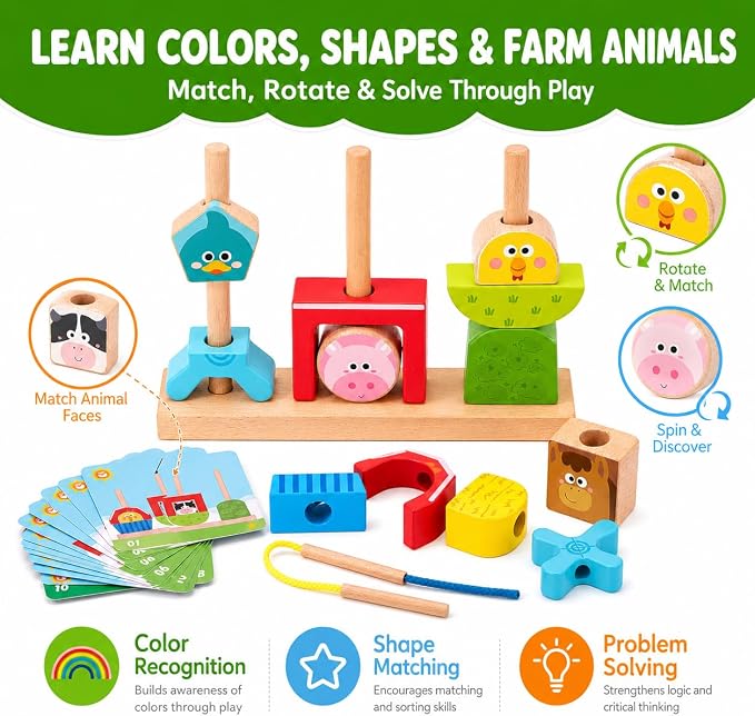 hahaland Montessori Toy for 1+ Year Old, Wooden Farm Stacking Sorting Toy | Toddler Puzzle Activity with Lacing Beads, Shape Cards & Brain Blocks, Learning Gift for Boys Girls 12+ Month