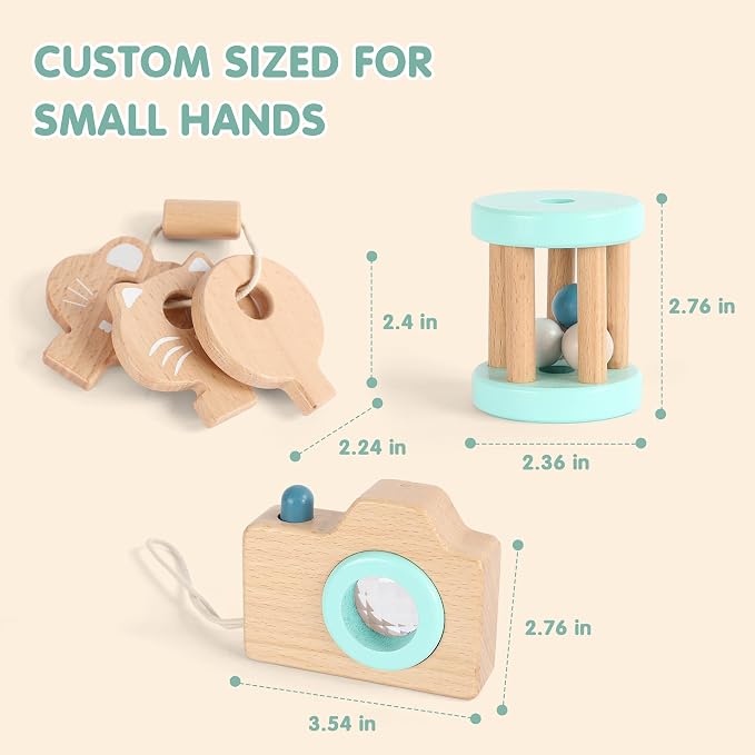 FReniland Wooden Montessori Toys, 3-Piece Wooden Baby Toys, Rotating Drum Toy, Camera Kaleidoscope Toys, Baby Key Rattles,Newborn Baby Gift Sets for Boys and Girls