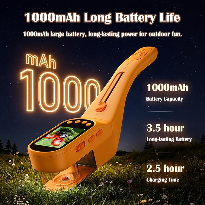 Kids Digital Bug Catcher, 2.4" IPS Screen 500x Magnification Microscope, Photo/Video Recorder, 8 LED Lights, 1000mAh Rechargeable STEM Nature Exploration Toy for Boys & Girls Ages 3+