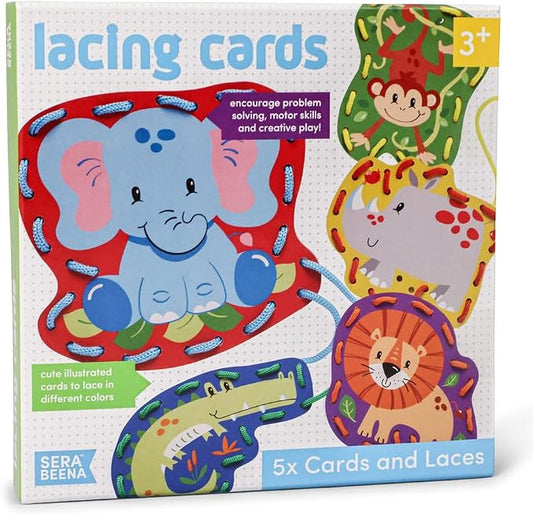 Serabeena Lacing Cards for Kids Ages 3-5 - Safari Animals | 5 Cards | Screen-Free Safari Lacing Cards Ages 3-5 - 5 Animals, 5 Laces & Storage Box - Hand-Eye Coordination Toy