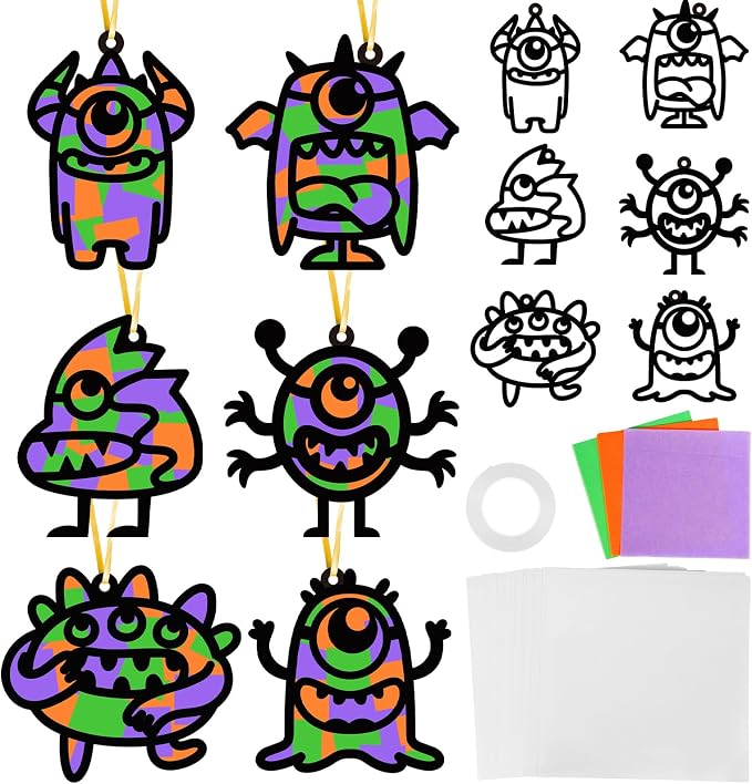Qyeahkj 36 Set Halloween Monster Suncatchers Crafts for Kids DIY Monster Window Tissue Paper Craft Kit Hanging Decor for School Classroom Activity Art Project Holiday Home Birthday Party Favor Gift