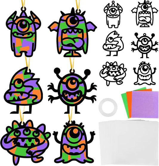 Qyeahkj 36 Set Halloween Monster Suncatchers Crafts for Kids DIY Monster Window Tissue Paper Craft Kit Hanging Decor for School Classroom Activity Art Project Holiday Home Birthday Party Favor Gift