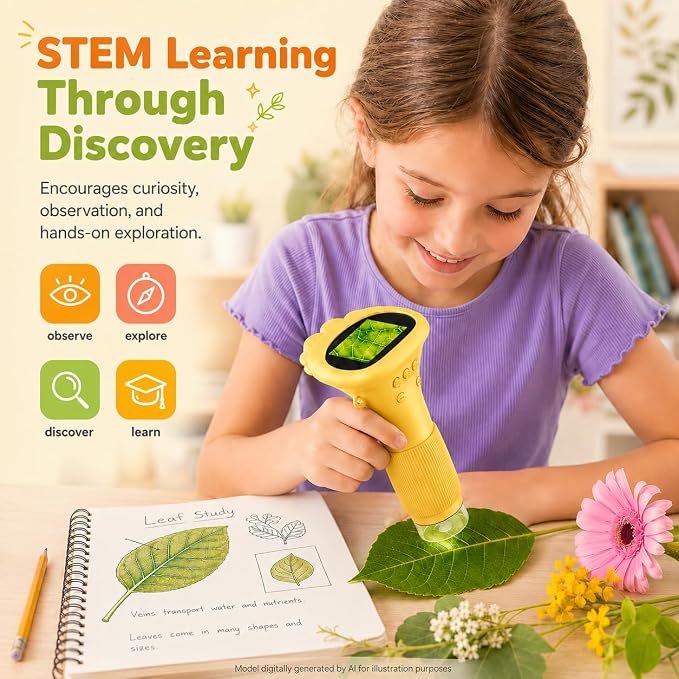 1000X Kids Microscope Handheld Camera, 2'' Screen Wonder Quest Microscope Camera for Kids, Educational Magnifying Glass Toy, Christmas Birthday Gifts for Age 3 4 5 6 7 8 9 10 11 12 Girls Boys - Yellow