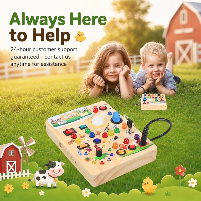Busy Board with LED Light Switches, Montessori Toys for 1 2 3 Years Old, Toddlers Wooden Toy Sensory Activity Board, Travel Toys for 1+ Year Old Boy & Girl Birthday Gift (Farm)
