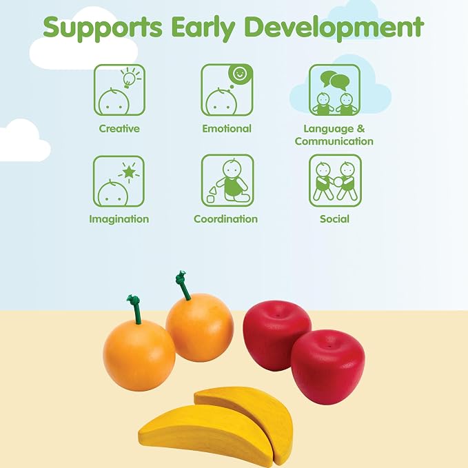 PlanToys® Wooden Fresh Produce Set Apples, Oranges & Bananas Sliceable Kids | slicing, fruit basket, pretend food, fruits and vegetables toys, girls, boys, fine motor role play imaginative social gift