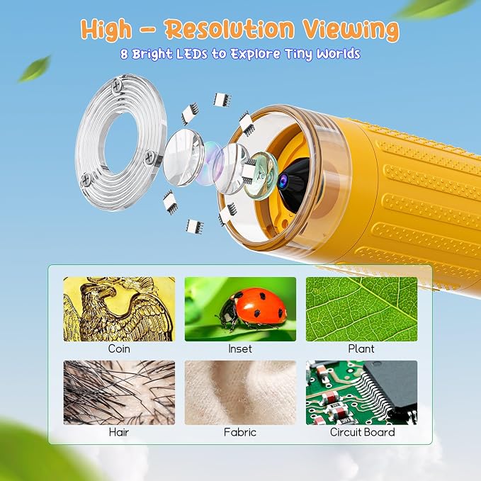 SKYBASIC Digital Microscope for Kids, 2" Screen 1000X Handheld Microscope HD Pocket Portable Microscopes Camera, Science Edu Fun Birthday Gifts Toys for Ages 4-12 Children Students Boys Girls -Yellow