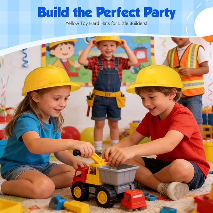 2pcs Kids Construction Hat Yellow Plastic: 8.26 Inch Hard Hats Worker Helmets for Kids Pretend Role Play Themed Parties Dress up and Fun