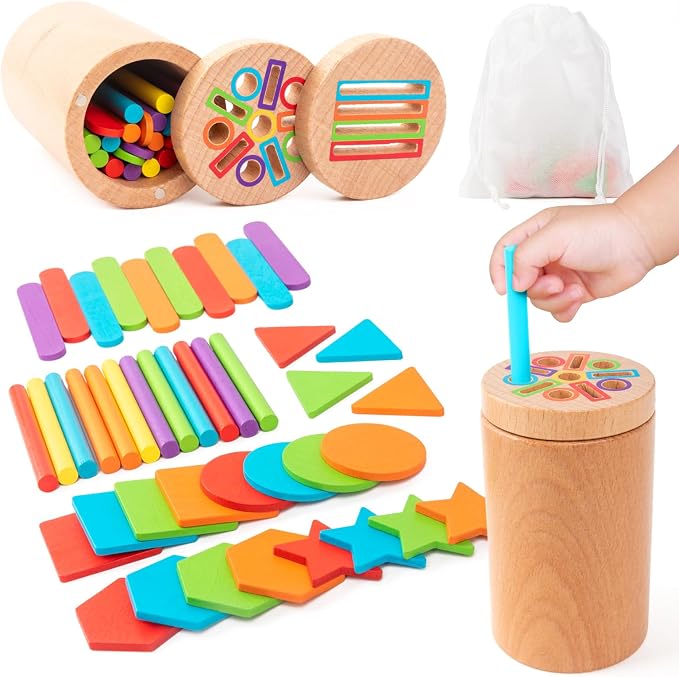 Montessori Wooden Toddler Toys， 3-in-1 Fine Motor Skills Learning Set ，Educational Color Sorting Sensory Toys for 3+ Year ， Teaches Object Permanence & Cause-Effect ，Gifts for Boys & Girls