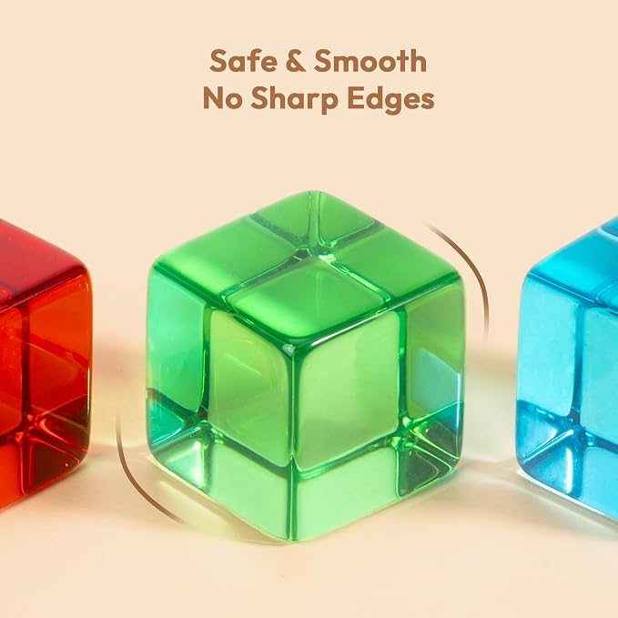 Woodtoe Large Building Blocks for Toddlers, Montessori Stacking Toys for 1 2 3 4 Year Old Baby Boys Girls, No Choking Hazard, Big Acrylic Gem Cubes Rainbow Blocks, STEM Sensory Toy Gifts for Kids 1-3