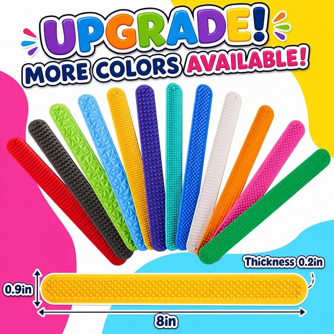 KLT Silicone Slap Bracelets 12 Pack with 6 Textures | Reusable storage boxes, quiet wearable fidgets, classroom rewards, office desk toys, travel activities, party favors