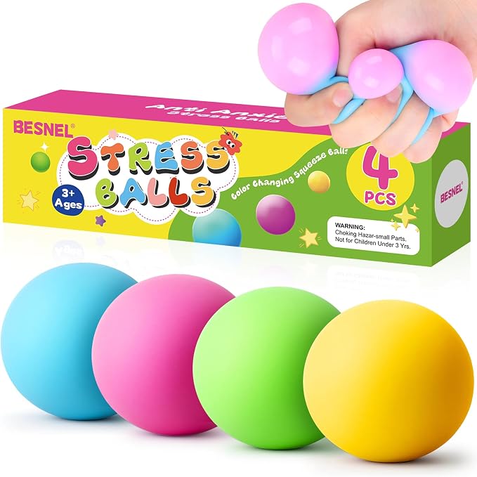 Stress Balls 4 Pack for Adults and Kids, Color Changing Squeeze Toys | Sensory Toys for kids with Autism, Squishy Fidget Toys for Stress and Anxiety Relief, Squishies Squeeze Prize for Classroom